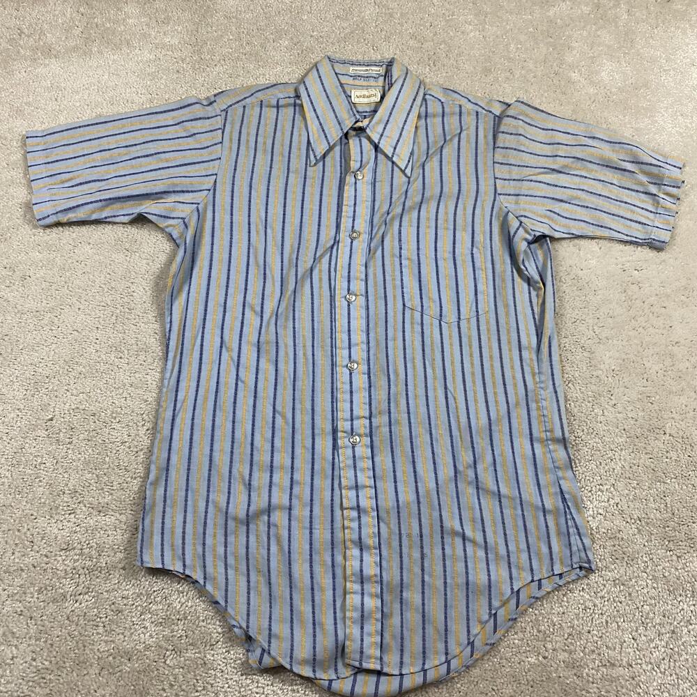 VTG 70s Andhurst Shirt Mens M Blue Yellow Striped Flared Half Sleeve Retro Disco